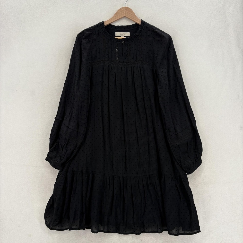 LOFT Dress Womens M Black Swiss Dot Long Sleeve Trapeze Ruffle Hem Lined NWT